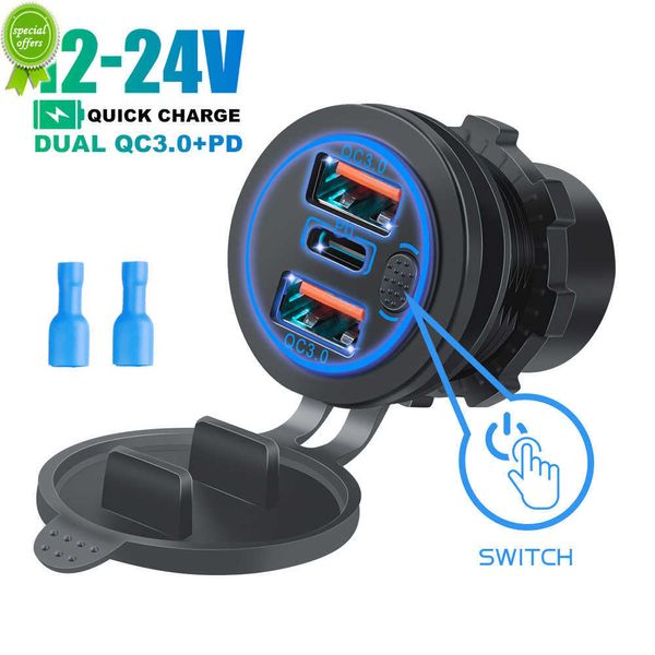 Neues Ladegerät 68W Dual QC 3.0 USB PD Typ-C Triple Cigarette Leichter 12-24 V mit Touch Switch für Autoboot Marine RV