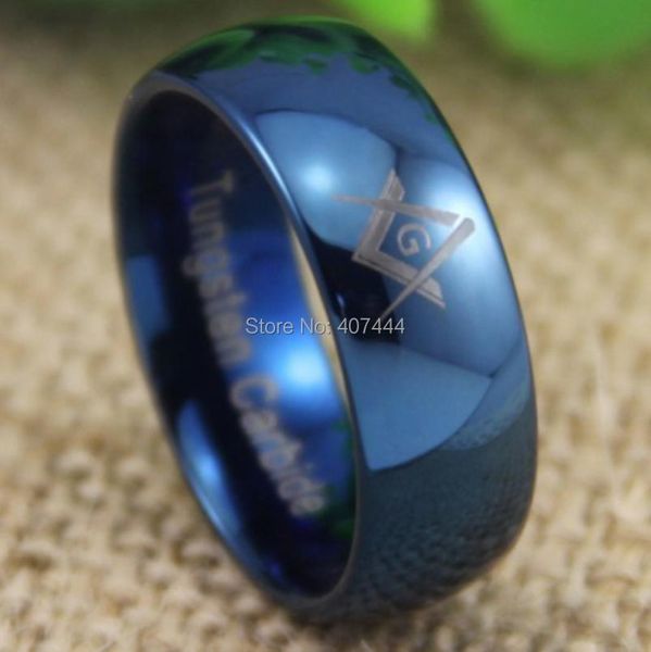 Anéis Frete Grátis YGK JÓIAS Venda Quente 8 MM Comfort Fit Freemason Masonic Novo Masculino Azul Cúpula Anel de Casamento de Tungstênio