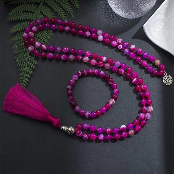 Colares 8mm Rosa Vermelho Listrado Ágata Mala Colar 108 Japamala Frisado Atado Meditação Yoga Vida Espiritual Árvore Mulher Conjuntos de Jóias