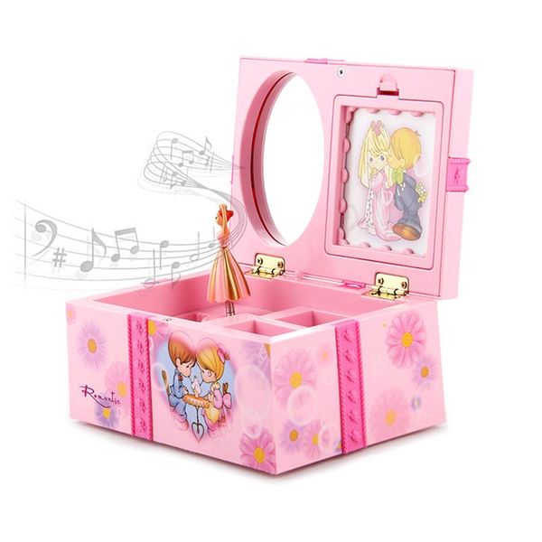 Display 1 pc caixa musical organizador de jóias rosa dança princesa ornamento jóias caixa de armazenamento de plástico com espelho meninas presente lembrança