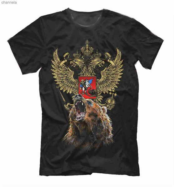 Мужские футболки русский медведь русский символ с двойным головным орлом Летняя хлопковая с коротким рукавом с коротким вырезом