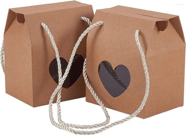 Sacchetti per gioielli 30 pezzi Scatola regalo in carta kraft con manico marrone con finestra trasparente a cuore e corda per matrimoni Festa di Natale per bambini