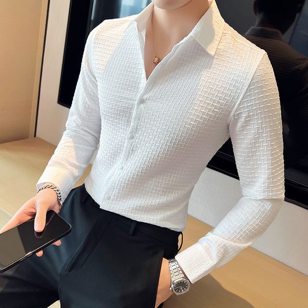 Camisa masculina xadrez casual de algodão com mangas compridas, sensação de ponta, babados e tampa de ajuste fino e bonito, novo top de ponta de ponta S-4xl