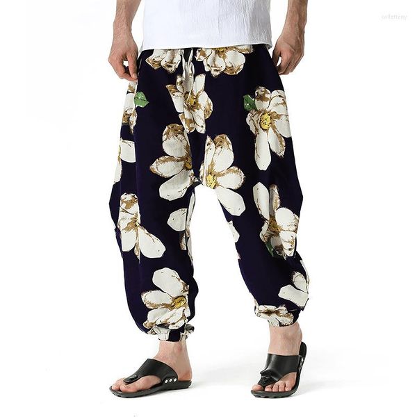 Мужские брюки цветы для печати промежуточный гарем мужчины 2023 бренд мужские хараджуку мешковатые хлопковые льняные брюки мужские винтажные традиционные спортивные штаны
