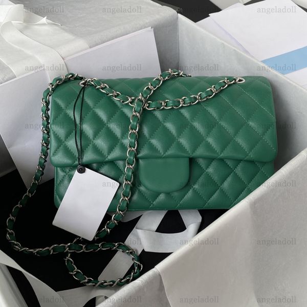 10A Mirror Quality Designer Classic Double Flap Bags 25cm Medium Womens Handbag Real Leather Caviar Lambskin Green Quilted Purse Crossbody Shoulder Chain Box Bag