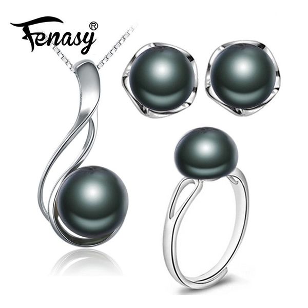 Sets FENASY Schwarze Natürliche Perlenschmucksets für Frauen 925 Sterling Silber Ohrstecker Anhänger Halskette