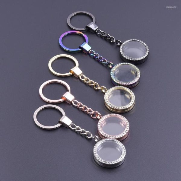 Keychains 5pcs 30mm de cor de ouro rosa redonda com shinestone vidro de memória viva jóias para medalhão Relicario PO Keychain