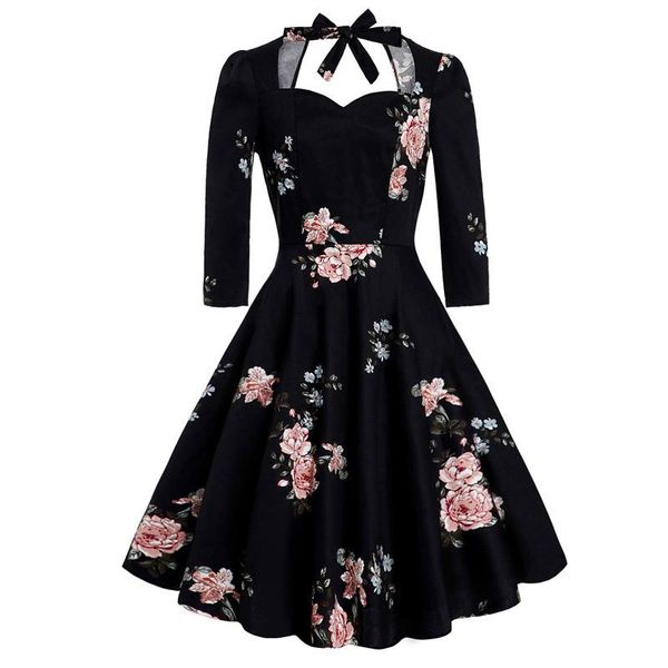 Kleider Elegante Blumen Retro Midi Sommerkleider Frauen V-Ausschnitt 3/4 Ärmel Sexy Rückenfrei Schwarz Party Vintage A-Linie Big Swing Skaterkleid