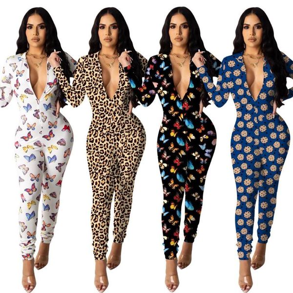 Женские комбинезоны снимают adfvat Leopard Butterfly Print Womens Jumpsuit Zipper up Deep V Neck Long Eleve Bandage Club Club Party Of642