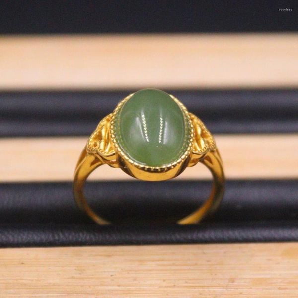 Ringos de cluster 18k ouro amarelo sobre o real S925 Sterling Silver Ring for Women Green Jade Jasper Big Gemstone Band US Tamanho 5-9