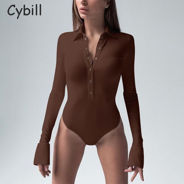 Kadın Tulumlar Aracılar Cybill Dönüş Düğmesi Bodycon Bodysuit Kadınlar Sonbahar Kış Beyaz Siyah Kadın Vücudu Top 230520