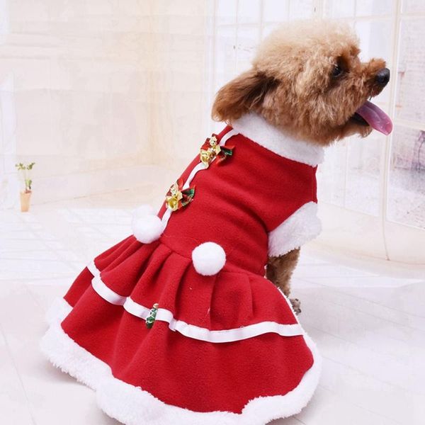 Hundebekleidung Haustier Herbst und Winter warme Kleidung Mädchen Kostüm rotes Kleid Welpen Fleece Rock für Weihnachten