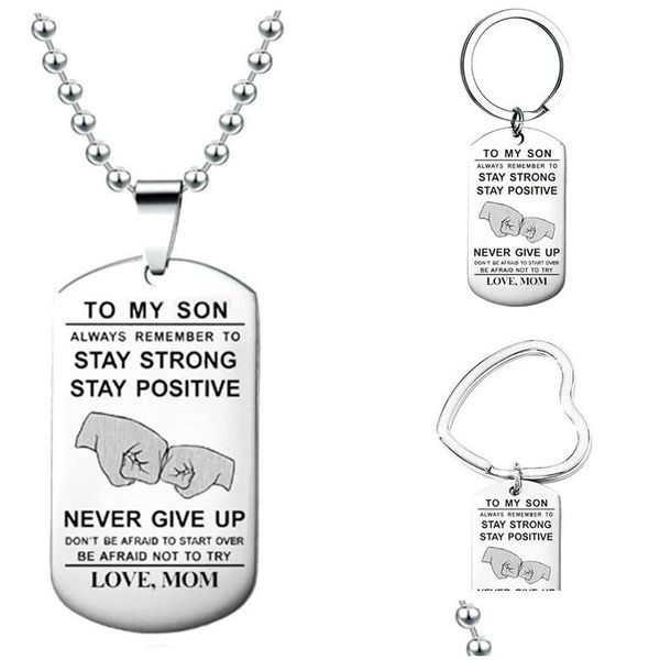 Collane con ciondolo Fashion Carved To My Son Always Remember English Letter Collana Uomo Acciaio inossidabile Dog Tag Portachiavi Encouragemen Dhbn5