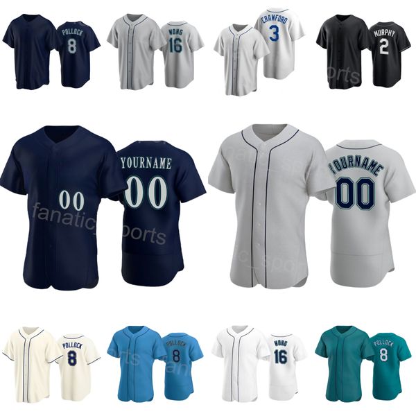 Пользовательский бейсбол 16 Kolten Wong Jersey 8 AJ Pollock 2 Tom Murphy 21 Cooper Hummel 0 Sam Haggerty 3 J.P.Crawford 25 Dylan Moore сшитый голубо-зеленый белый мужчина детей S-S