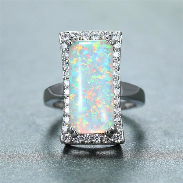 Eheringe Niedliche weibliche blaue weiße Feueropal-Ring-Weinlese-große silberne Farbbänder Schmuck-Versprechen-Liebes-Engagement für FrauenHochzeit