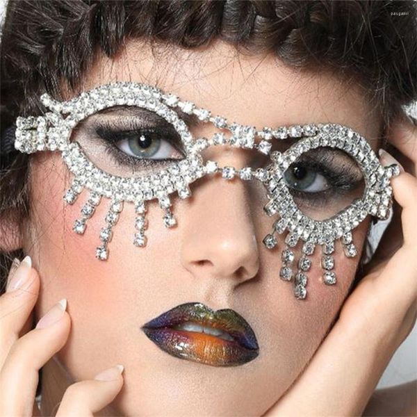 Fermagli per capelli Cristallo di lusso Occhiali rotondi Forma nappa Maschera per gli occhi Catena Gioielli per il viso Per le donne Maschere di carnevale con strass Regalo per fascia da sposa