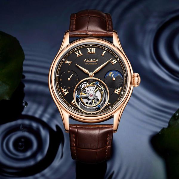 Relógios de Wristwatches High Luxury Business Tourbillon Mechanical Men Wrist Wristes Dial Hand Wind Leather Mens Moon Fase Watch 7020