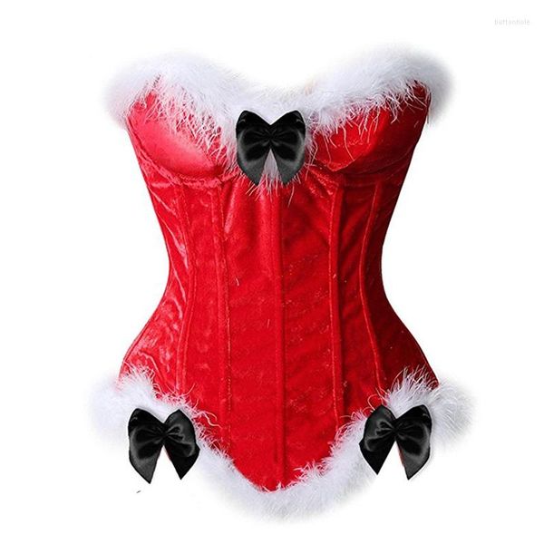 Bustier Corsetti Bustier Lingerie Top Corsetto Donna Cinghie sexy Piuma bianca Burlesque Lingerie con lacci per Natale Costume da Babbo Natale