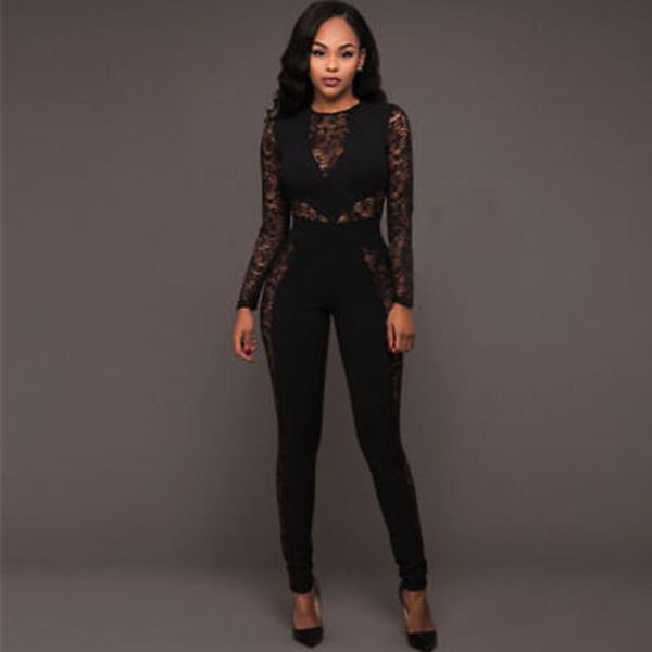 Macacões femininos macacões Moda Mulheres Sexy Sheer Lace Zipper High Colote Bodysuit Longo Macaco de Monante Bodycon Macacao Macacao Fe