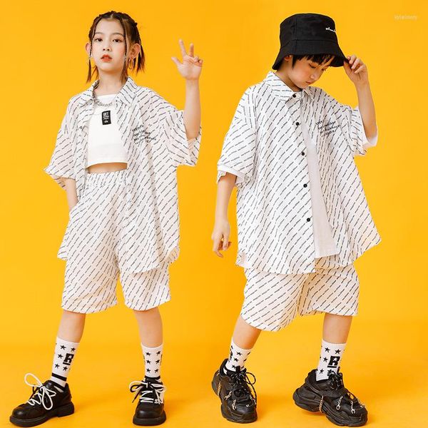 Stage Wear Kids Loose Kpop Hip Hop Roupas Branca Camisa Prind White Sleeve Top STREETHEAT Shorts para meninos Costumo de dança de jazz roupas