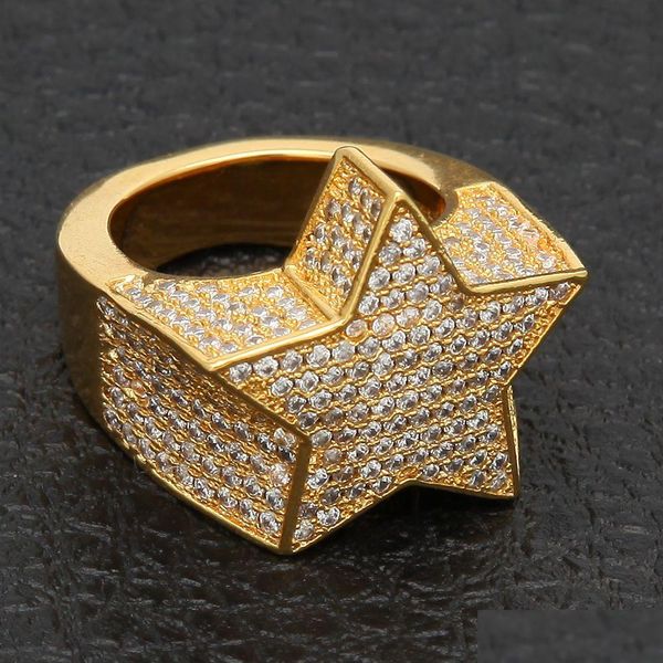 Ringos de cluster Iced OUT Diamond Copper Gold Sier Rosegold cor CZ Star forma de estrela Hip Hop judeu jóias para homens entrega de jóias dhf6a