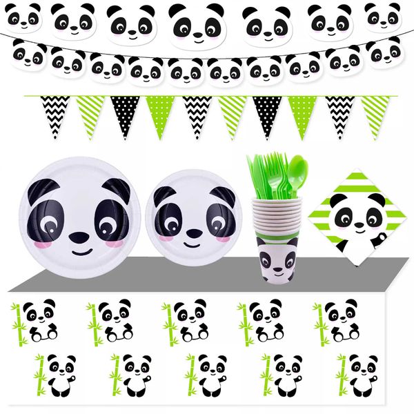 Einweggeschirr Panda Thema Partyzubehör Geschirr Teller Tassen Servietten Strohhalme Banner Kuchendeckel Kinder Junge Babyparty Z0520