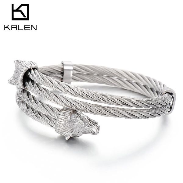 Pulseiras Kalen Nordic Viking Wolf Head Open Cuff Bangles Tendência Punk Aço Inoxidável Pulseira Masculina Na Mão Acessórios Pirata