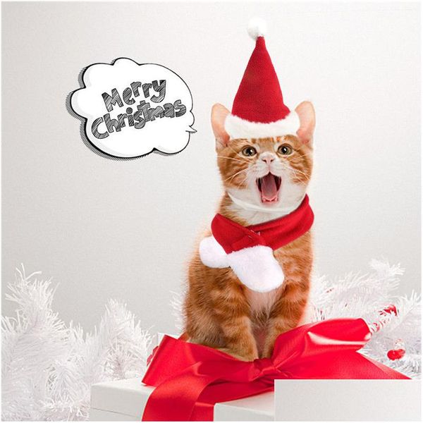 Katzenkostüme Frohe Weihnachten Haustierhüte Welpe Weihnachtsmütze Schal Set Kitty Winter Warm Halstuch Kleine Haustiere Weihnachtskostüm Drop Delive Dhlih