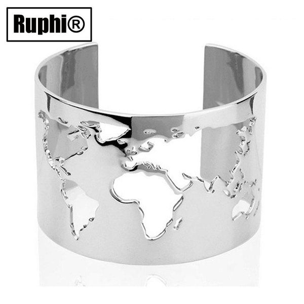 Pulseira de aço mapa do mundo c aberto punho pulseira ampla rosa ouro boho amantes paz viagem pulseira para mulher jóias inoxidável