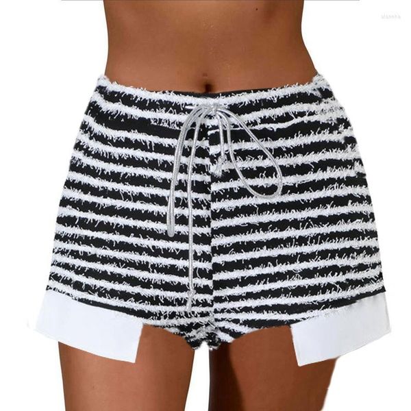 Shorts femininos 1pcs mulheres retro listradas moda alta cintura amarrada malha preta branca verão praia esportes casual