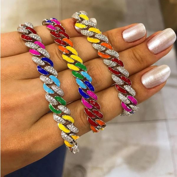 Armreif Sommer heißer Verkauf bunter Schmuck Neon Regenbogen Emaille Ice Out CZ 11mm Miami kubanische Gliederkette Frauen Armband