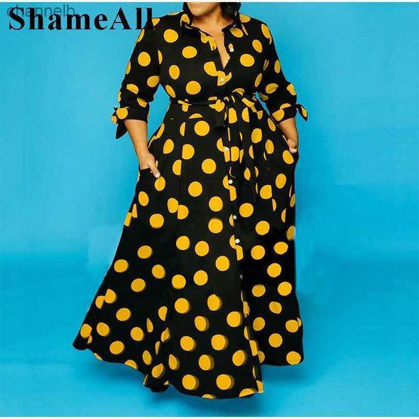 Lässige Kleider Plus Size Dreiviertelärmel Polka Dot Langes Maxikleid mit Gürtel 4XL Vintage Elegantes Hemdkleid mit hoher Taille und Schärpen und Knöpfen L230520