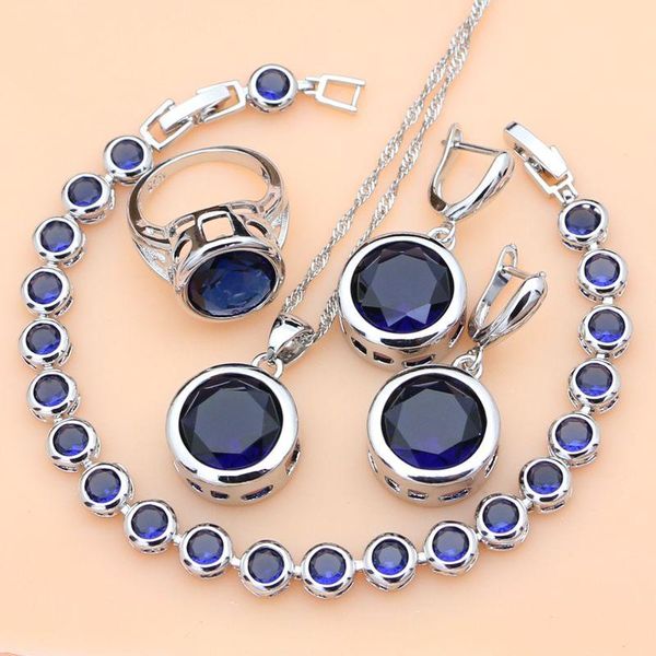 Set Sposa Set di gioielli in argento 925 di lusso con zaffiro blu per le donne Pietre cadenti Orecchini Anelli Collana con bracciale Set Dropshipping