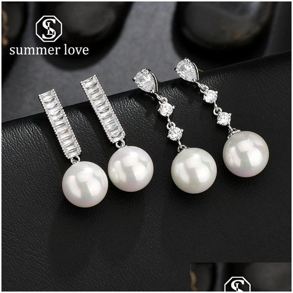 Ciondola Lampadario Moda Lineare Intarsio Rame Cubic Zirconia Grandi Orecchini Di Perle Placcato Platino A Goccia Matrimonio Elegante Per La Sposa Dhsis