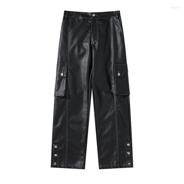 Pantaloni da uomo Moda Nero PU Ecopelle Uomo Pantaloni gamba dritta Pantaloni larghi Unisex Streetwear Baggy Punk Dark Cargo