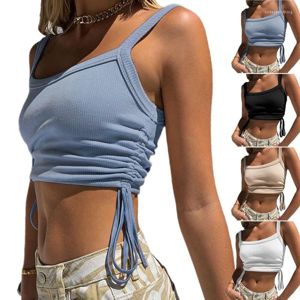 Frauen Tanks weißer Rippen -Tanktoper Frauen sommer sexy Rückenless Spaghetti -Träger ärmellose Weste Frau Fashion Draw String Ruched Tight Crop