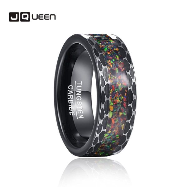 Yüzük Jqueen 8mm Erkekler Yüzük kenarı parti çiçek fırçalanmış kakma opal erkek tungsten karbür yüzüğü siyah karbon bague düğün takı