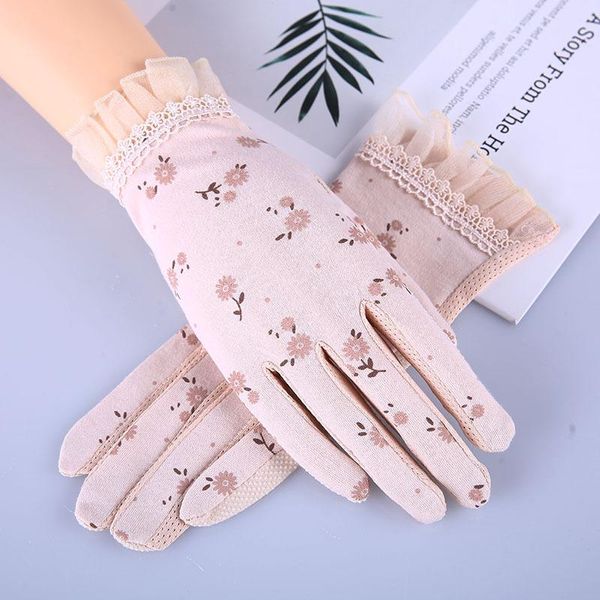 Fünf Finger Handschuhe Sommer Frauen Exquisite Spitze Sonnencreme Touchscreen Skid Fahren Dünne Atmungsaktive Anti-UV Weibliche Blumendruck
