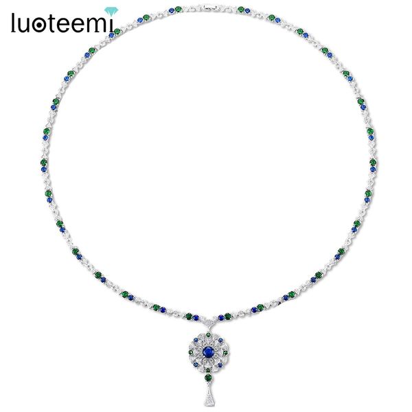 Colares Luoteemi Moda Design Flor Colar Longo Pingente para Mulheres Luxo Verde e Azul CZ Jóias para Menina Casamento Noiva Acessório