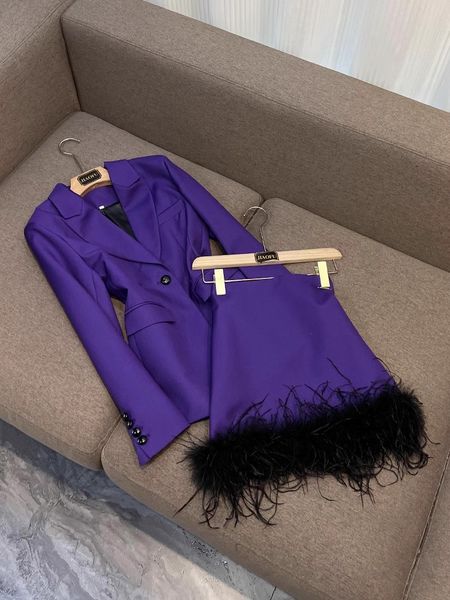 2023 Pantas de calça de duas peças de cor sólida roxa conjuntos de manga longa com blazers de blazers de blazers de um botão único superior