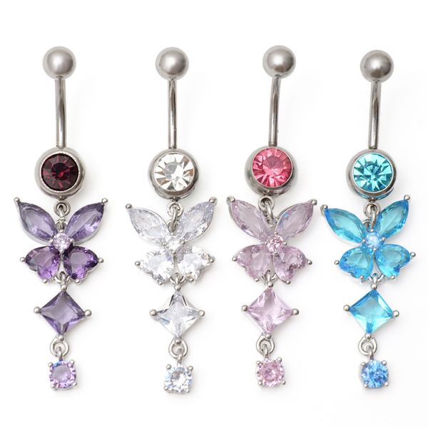 Nabel Bauchnabel Ringe Baumeln Frauen Sommer Strand Blau Rosa Kristall Schmetterling Lange Edelstahl Piercing Körper Schmuck 2023 Neue