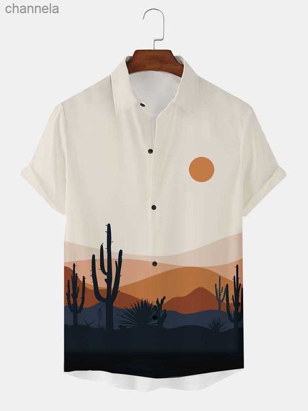 Мужские футболки Charmkpr Tops 2023 Мужская кактусная пустынная печать блузя повседневная уличная одежда горячая распродажа мужская пуговица вверх рубашки с коротким рукавом S-2XL