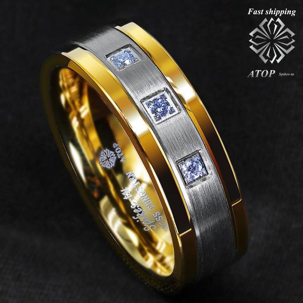 Ringe 8mm Silber Wolframring gebürstet 18K Gold Diamanten ATOPLUXURY Herren Ehering