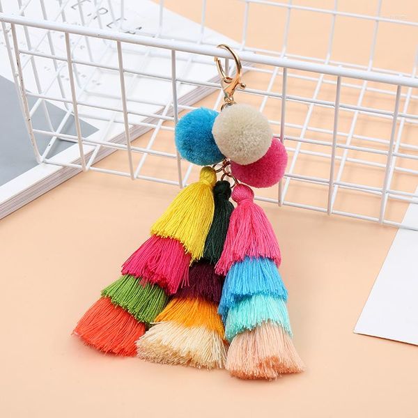 Chaveiros boêmios pom tassel keychain falso bola de pere cadeia porte clave pompon pompon saco de bolsa acessórios para chaveiro