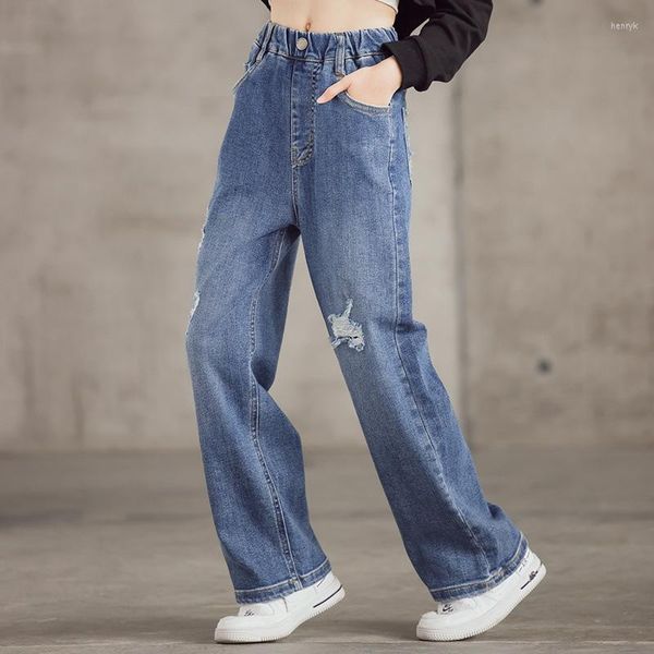 Jeans Teenager für Mädchen Frühling Herbst lässige Mode zerrissene blaue Kinderbeinweite Hosen Schulkinder Hosen 6 8 10 12 14 Jahre