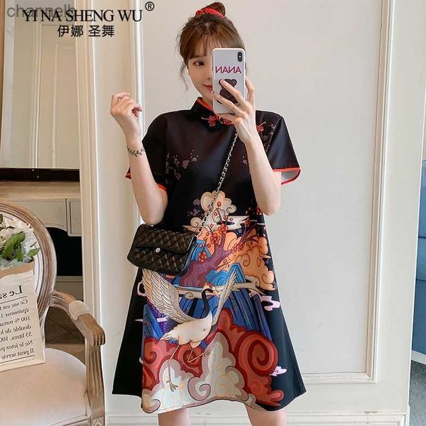 Повседневные платья плюс размер M-4XL Новая мода современная тенденция Cheongsam Платье для женщин Лето черное короткое рукав Qipao Традиционная китайская одежда L230520
