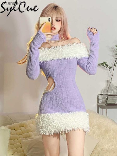 Повседневные платья Sylcue Purple Woolen осень зимняя зима Новые тенденции Яркие красивые тонкие теплые зрелые очаровательные женские сексуальные женские платье Halterneck L230520