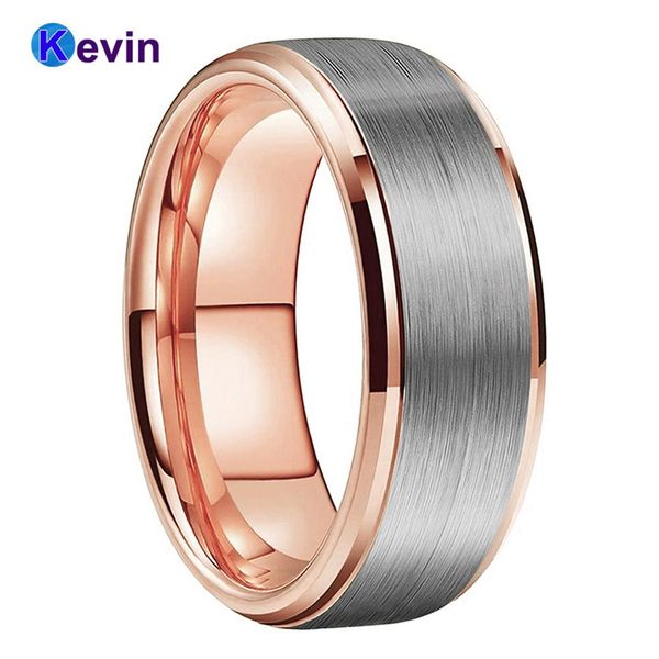 Anéis rosa ouro casamento banda homens mulheres anel de noivado de tungstênio com bordas chanfradas escova acabamento 6mm 8mm ajuste confortável