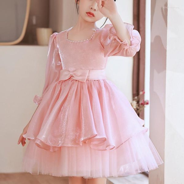 Mädchen Kleider Rosa Ärmel Mädchen Geburtstag Party Kleid Quadrat Kragen Gürtel Design Ballkleid Blume Prinzessin Robe