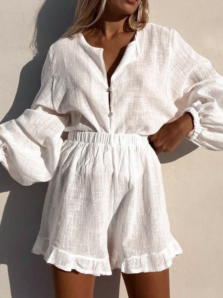 Calça de duas peças feminina shorts de algodão conjunto 2023 Summer Women Women Oneck Lantern Sleeve Single Bressot Top elástico Ruffles Sets White 230519